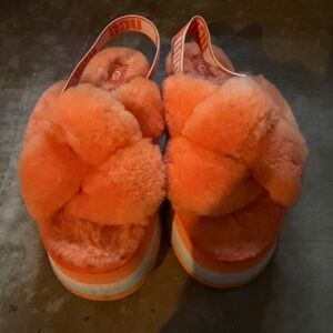 UGG Orange Faux-Fur Platform Slide Sandals